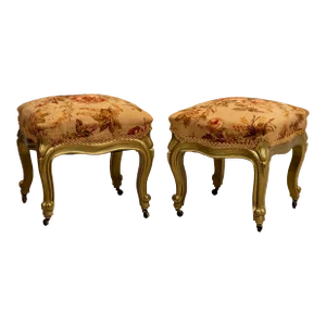 Antique Floral Upholstered Wood Footstools or Benches - A Pair