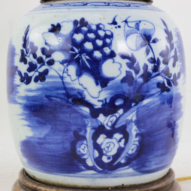 Wood Blue and White Antique Porcelain Vase Lamp With Cobalt Floral Motif on Wood Base For Sale - Image 7 of 16