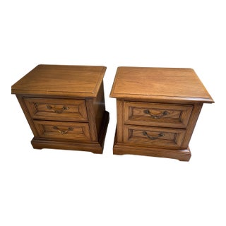 Pair: 1968 Dixie Solid Pecan Mediterranean-Style 2-Drawer Nightstands, Quantity (2) For Sale