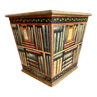 Vintage 1950s Trompe L’Oeil Painted Wood Book Motif Cachepot Planter Basket Fornasetti Style For Sale