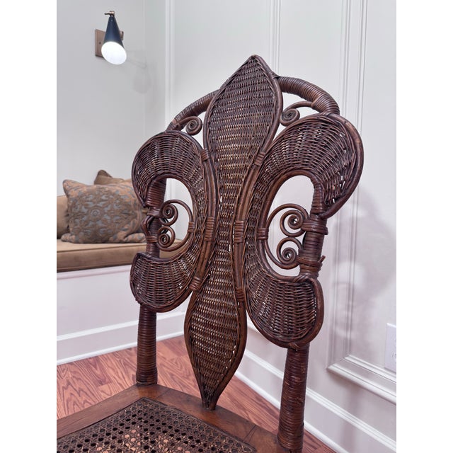 Wood Antique Art Nouveau "Fleur De Lis" Wicker & Cane Solid Wood Accent Chair in the Style of Heywood-Wakefield For Sale - Image 7 of 12