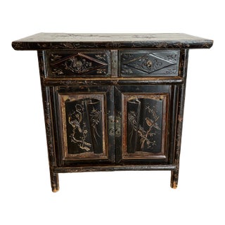 Black Distressed Chinese Carved Cabinet For Sale