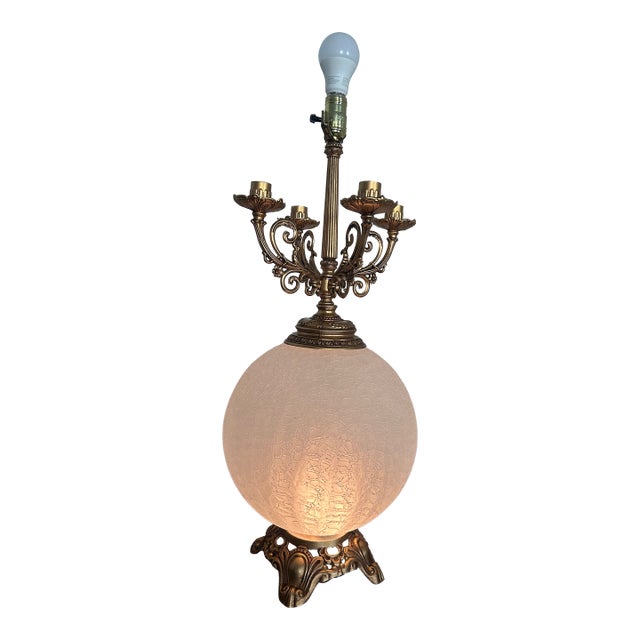 1960s Hollywood Regency Candelabra Table Lamp With Frosted Crackle Glass Globe For Sale