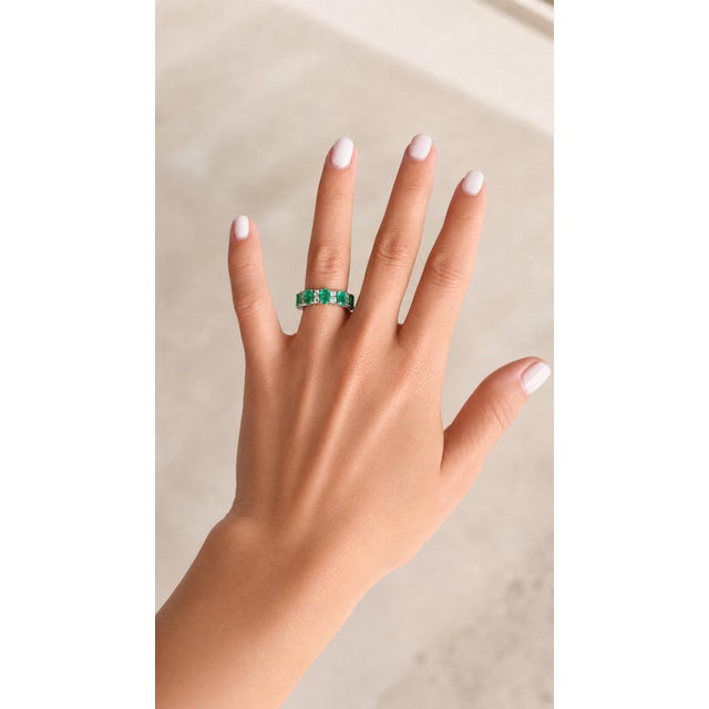 Colombian Emerald and Diamond 18k White Gold Full Eternity Band Ring, Size 6.5 For Sale - Image 10 of 10