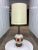 Vintage glazed ceramic painted tall table lamp, and large barrel paper shade, manner of Quartite Creative Corp. Shade...