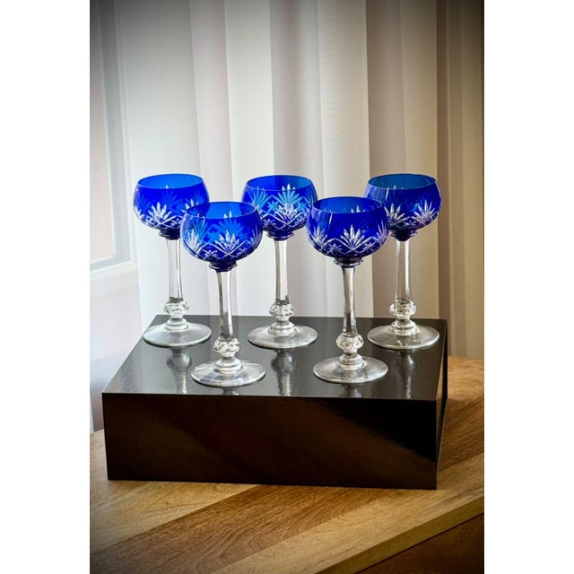 Cobalt Blue Massenet Crystal Hock Glasses by Saint-Louis, 1920, Set of 5 For Sale - Image 9 of 15
