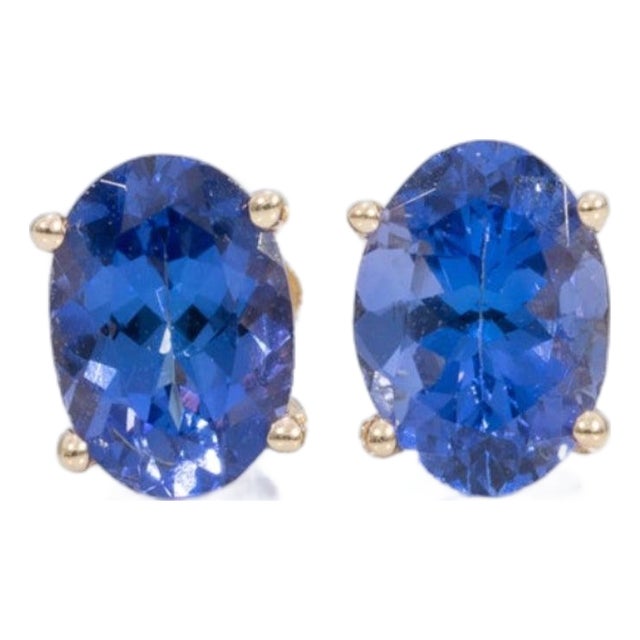 Natural Tanzanite Stud Earrings, Aaa Oval 7x5mm, Solid 14k Gold Studs, Pair For Sale
