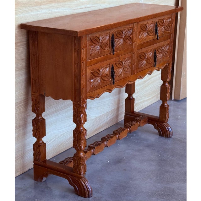 Early 20th Century 19th Century Catalan Spanish Carved Walnut Console Sofa Table, Four Drawers For Sale - Image 5 of 18