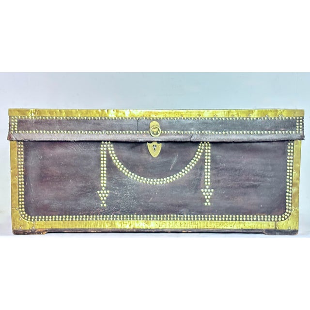 Early 19th Century Chinese Export Brown Leather & Brass Camphor Wood Trunk For Sale - Image 4 of 5