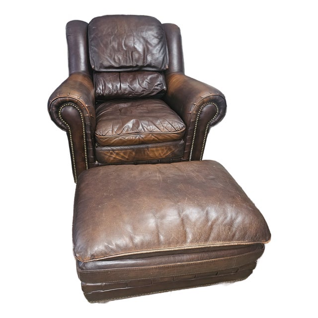 1990s Perfectly Worn Set Leather Library Club Chair and Matching Ottoman For Sale