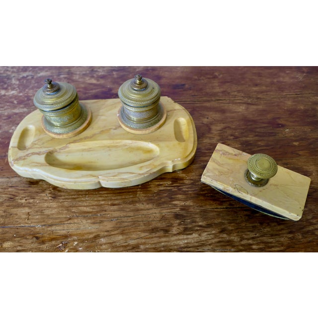 French Brass and Marble Desk Inkwell Stand, Set of 6 For Sale - Image 4 of 8