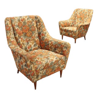 Vintage Armchairs in Fabric and Wood, Italy, 1950s For Sale
