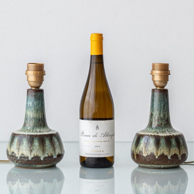 Beautiful pair of Søholm Stentøj small Danish mid-century modern bedside table lamps in richly glazed organic modern...