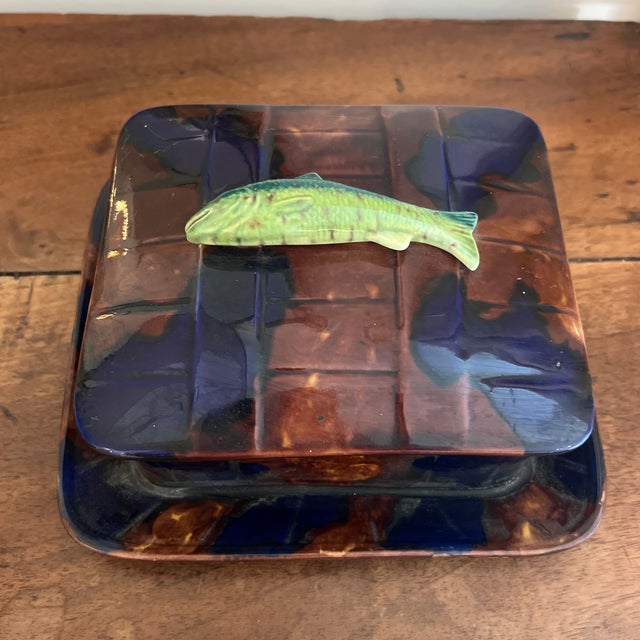 Antique English 19th Century Majolica Sardine Box With Striking Turquoise Interior Possibly Mintons- unsigned