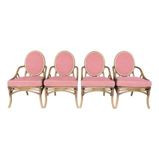 Vintage Medallion Back Rattan Dining Chairs With Custom Green and Pink Upholstery– Set of 4 For Sale