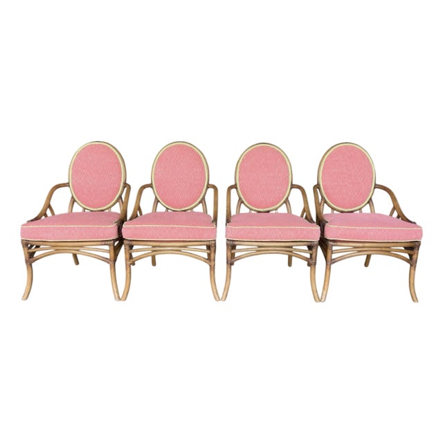 Vintage Medallion Back Rattan Dining Chairs With Custom Green and Pink Upholstery– Set of 4 For Sale