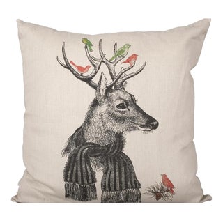 Holiday Reindeer With Scarf and Birds Beige Linen Pillow For Sale