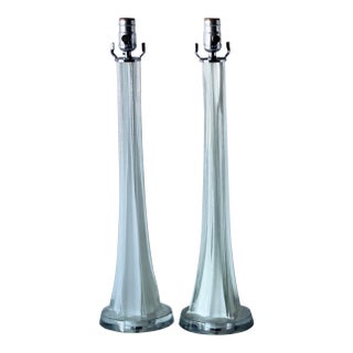 1980s Mid-Century Modern Paul Kedelv Style Encased White Art Glass Table Lamps - a Pair For Sale