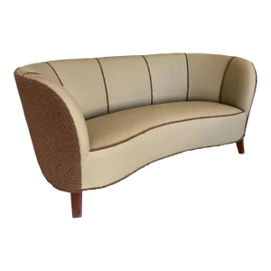 1940s Danish Banana Style Sofa in Taupe Leather and Chocolate Bouclé