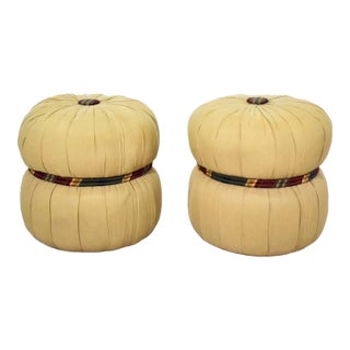 Pleated and Cinched Khaki Pouf Ottomans - a Pair For Sale