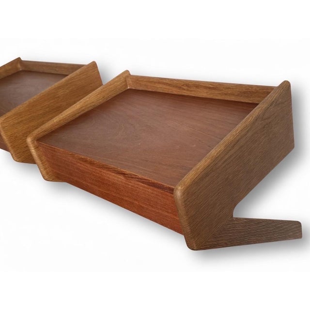 Danish oak and teak set of 2 floating bedside tables from the period 1960-1969. Beautiful vintage set designed by Sigfred...