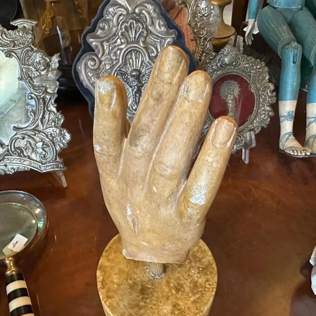 Brown 1930s Hand-Painted School Study Plaster Hand on a Faux Marble Painted Wood Base For Sale - Image 8 of 11