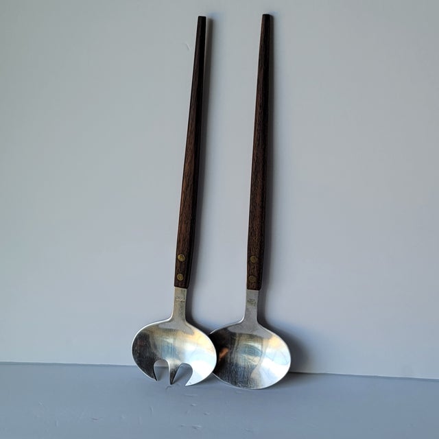 Mid Century Modern Danish Teak Wood and Stainless Salad Server Utensil Set For Sale In Philadelphia - Image 6 of 10