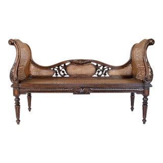 19th C. Carved Double Caned Settee Bench With Seat Cushion For Sale