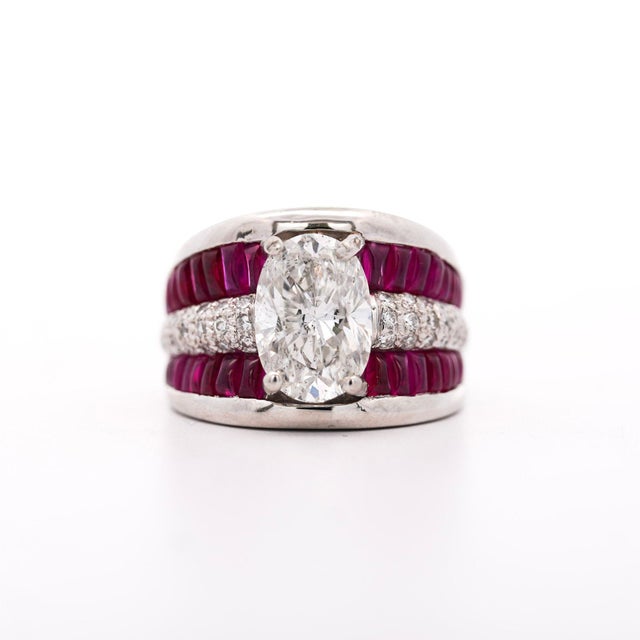 Gia 4.43 Carat Oval G/I1 Diamond & Cabochon Ruby Platinum Vintage Ring, Size 8 For Sale In Miami - Image 6 of 10