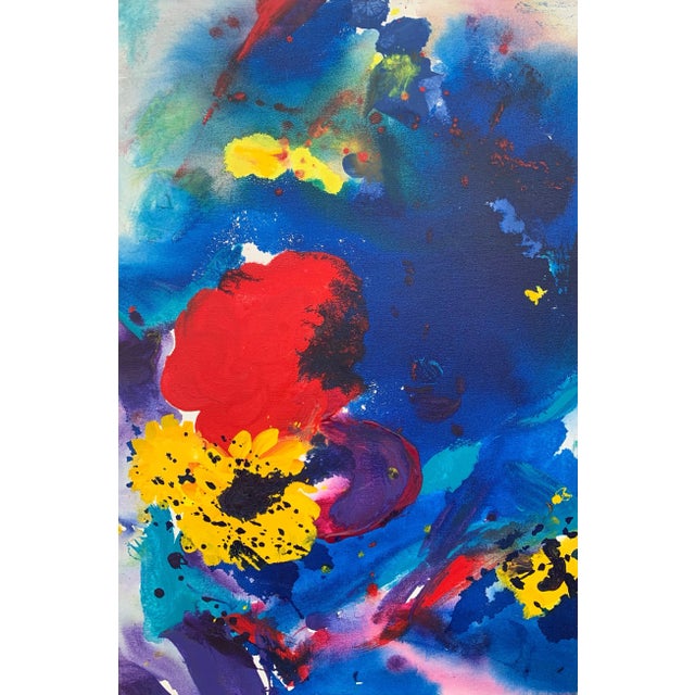 Plastic Margaret Francis, Abstract Flowers Painting Blue Red Yellow Purple Colour by Modern British Artist, 1992 For Sale - Image 7 of 7