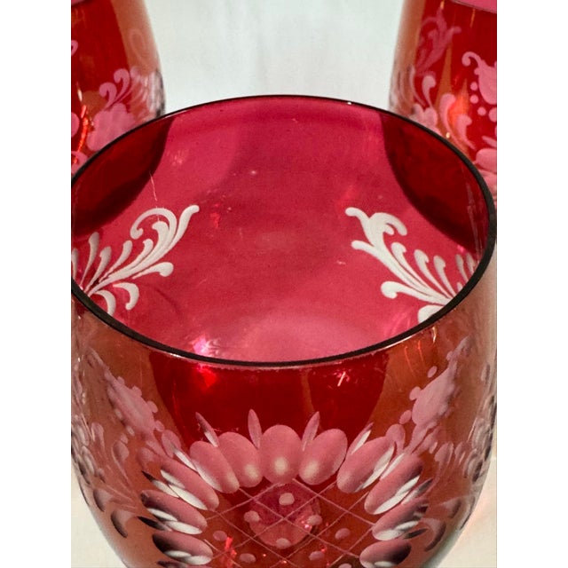 Late 19th Century Bohemian Floral Etched Cranberry Iridescent Glass Goblets, Set of 6 For Sale - Image 12 of 12