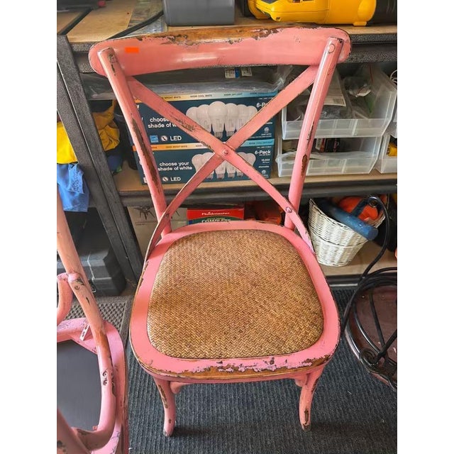 French Country Distressed-Painted Hard-Wood Dining Table With Four Cross-Backed Chairs Featuring Natural Hand-Woven Seats For Sale - Image 3 of 6
