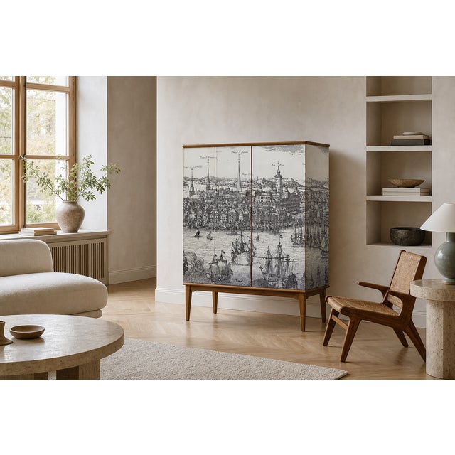 Swedish Modern cabinet in excellent condition covered with an illustration of Stockholm around 1670 from the book Suecia...