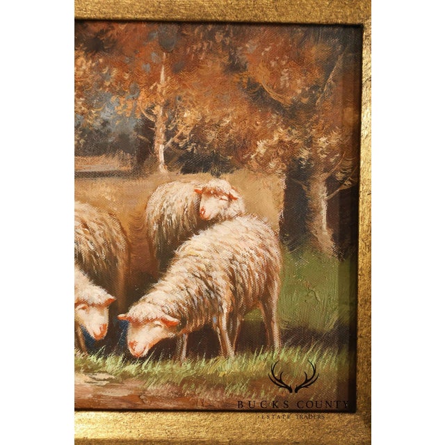 Brown Continental Style Pair of Pastoral Landscape Paintings With Sheep For Sale - Image 8 of 18