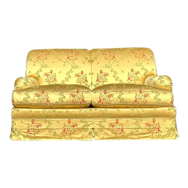 Vintage Regency Embroidered Satin Floral Down Loveseat For Sale