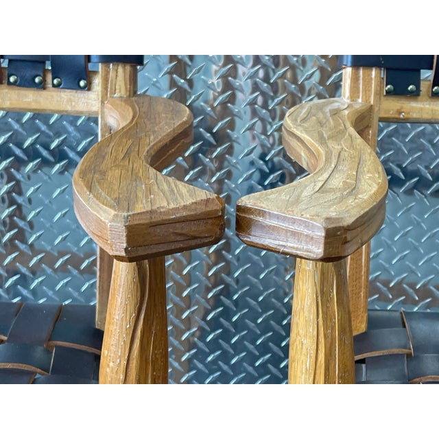 Brown Vintage Mid-Century Ranch Oak Leather Strapped Arm Chairs - A Pair For Sale - Image 8 of 11