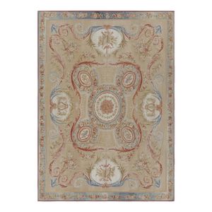 Rug & Kilim’s Aubusson Style Rug in Beige With Green and Pink Floral Medallion