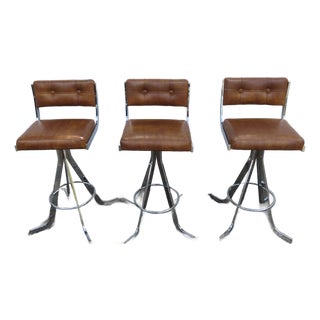 Retro Mid Century Modern Swivel Vinyl and Chrome Barstools a Set of Three 6373 For Sale
