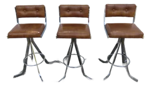 Retro Mid Century Modern Swivel Vinyl and Chrome Barstools a Set of Three 6373