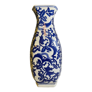 Large 14" Vintage Chinese Blue and White Hexagonal Vase - Scrolling Lotus Design