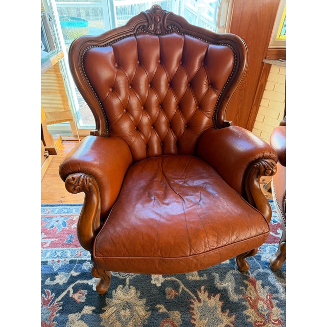 Mid 20th Century Pair of Victorian Style Tufted Leather Armchairs With Carved Wood Frames, Vintage For Sale - Image 5 of 10