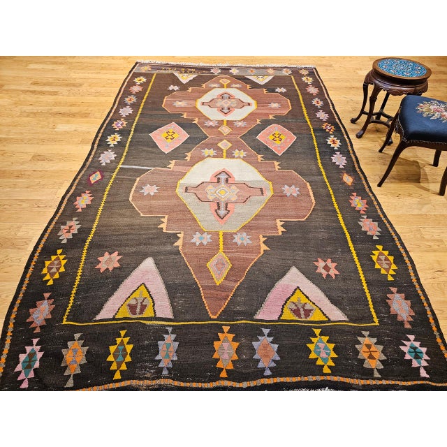 Vintage Turkish Kilim Rug, Handwoven Wool, Chocolate Brown, Pale Green, 7x11 For Sale - Image 15 of 15