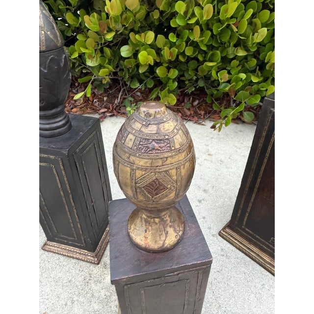 Mid 20th Century Vintage Hand-Carved Wood Obelisks With Hand-Applied Brass, Signed d.j., Set of 3 For Sale - Image 5 of 12