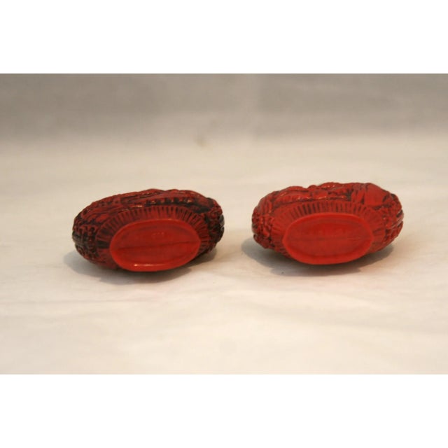 Red Vintage 1950s Asian Red Carved Snuff Bottles Plastic Salt & Pepper Shakers For Sale - Image 8 of 8
