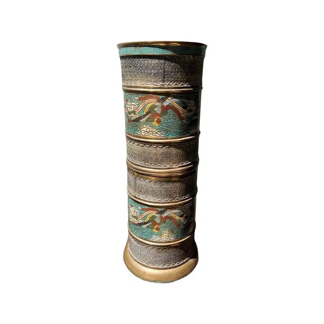 Antique Chinese Bronze & Cloisonné Phoenix Umbrella Stand For Sale - Image 12 of 12