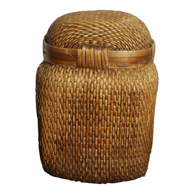 Vintage Chinese Willow Woven Fisherman Basket Asian Storage Container For Sale