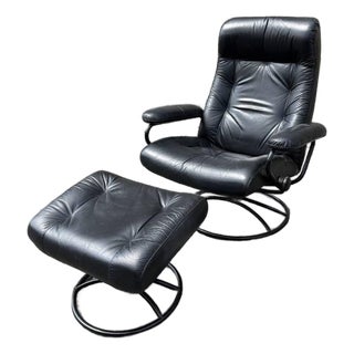 Vintage Ekornes Stressless Black Leather Recliner & Ottoman For Sale