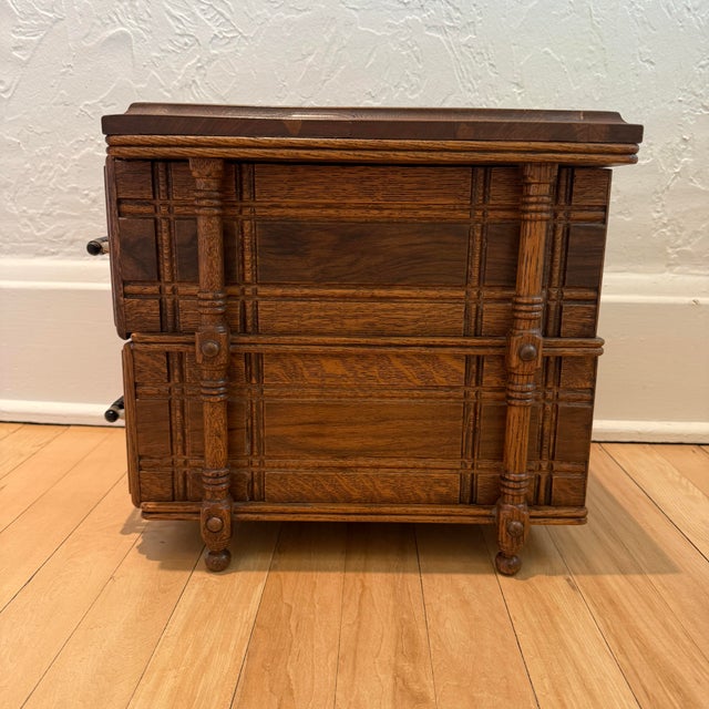 Antique Oak Countertop Sewing Cabinet With Applied Burled Wood Drawer Fronts For Sale - Image 4 of 12