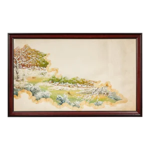 Antique Japanese Hand-Painted Village Landscape Scene on Paper in Custom Frame
