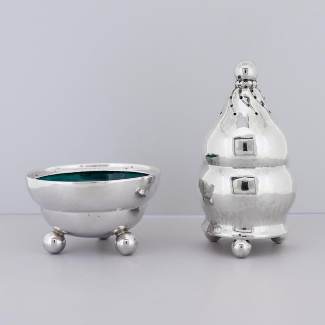 Georg Jensen Early 20th Century Georg Jensen Sterling Silver & Enamel Pepper Shaker and Salt Cellar Pair #410 For Sale - Image 4 of 13